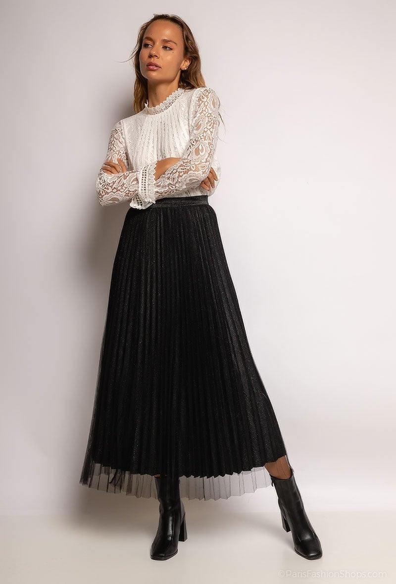 Carrie Pleated Glitter Tulle Midi Skirt-S-Fi&Co Boutique