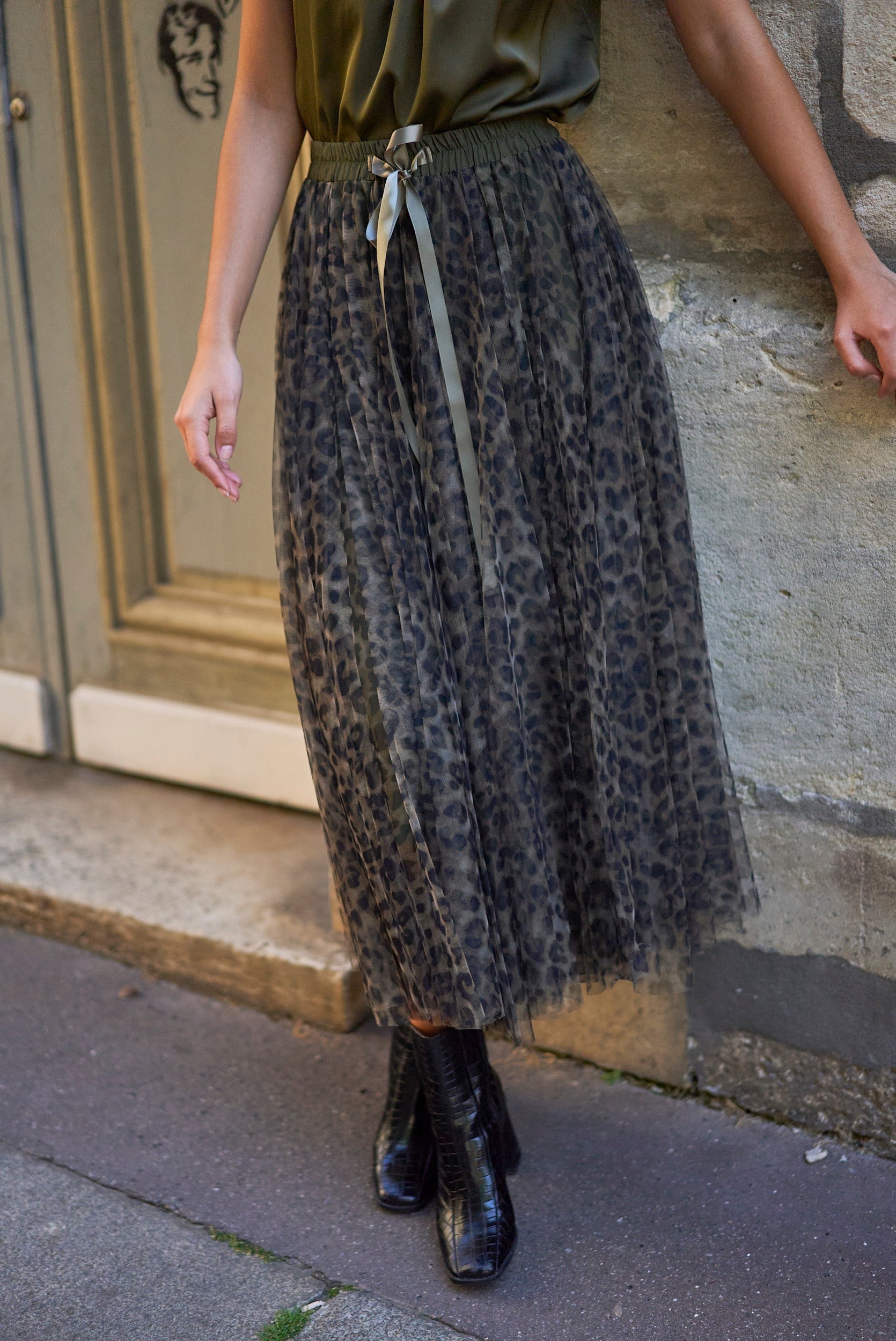 Carrie Tulle Big Leopard Print Khaki Skirt-S/M-Fi&Co Boutique