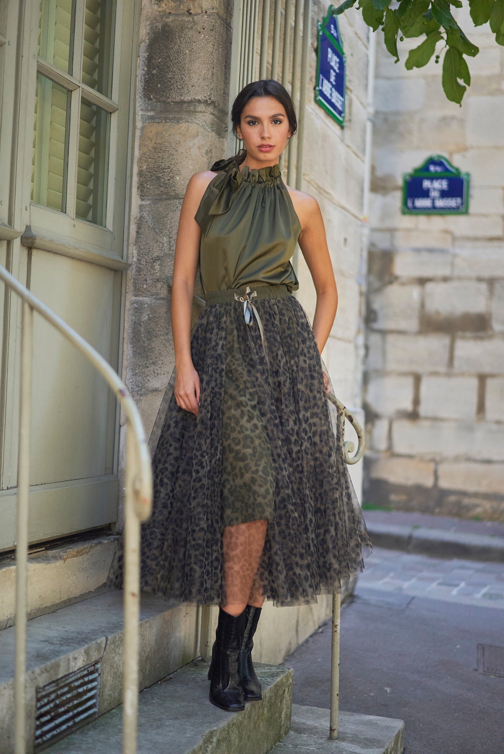 Carrie Tulle Big Leopard Print Khaki Skirt-S/M-Fi&Co Boutique
