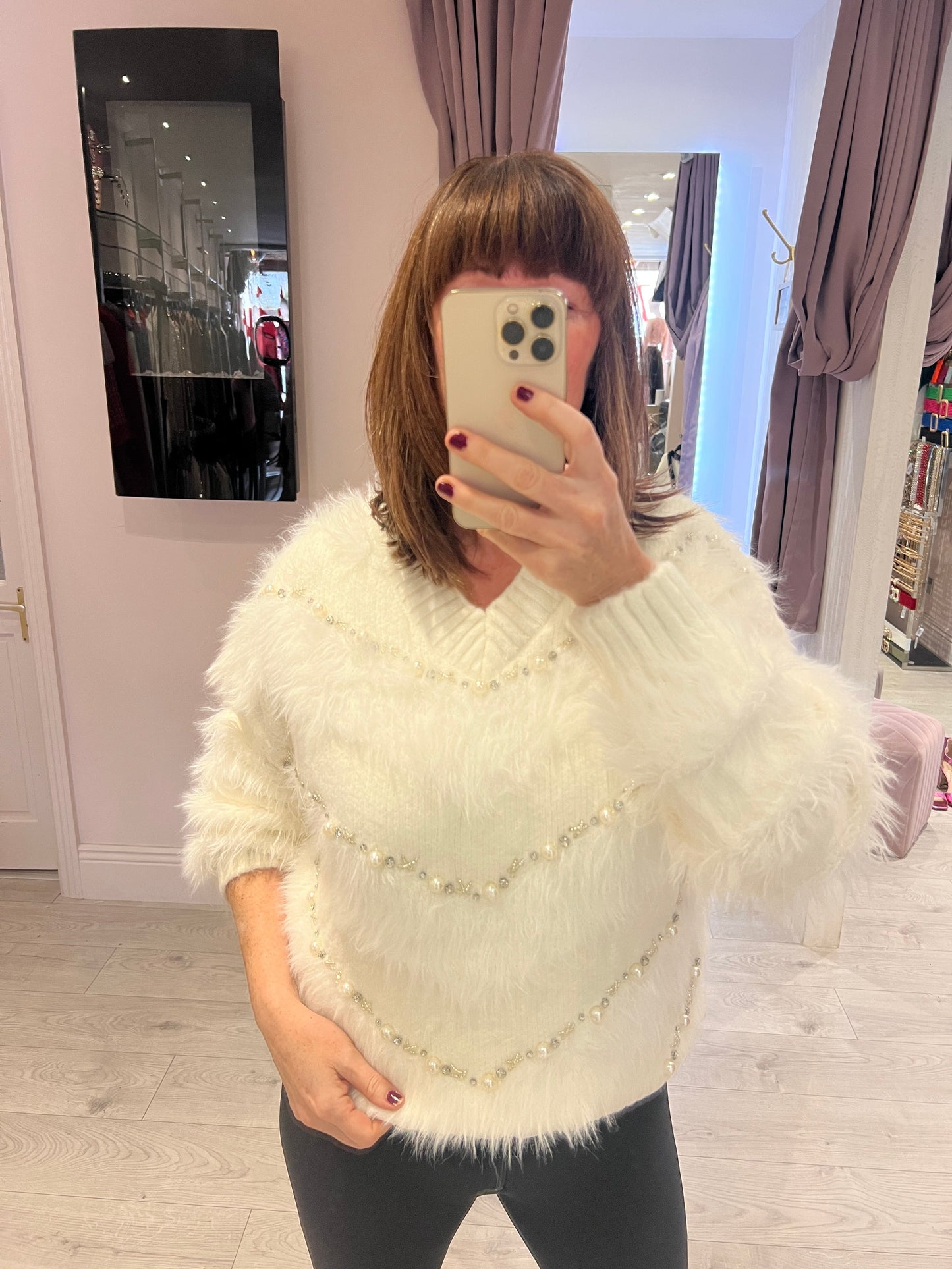 Fallon V-Neck Fluffy Pearl Jumper