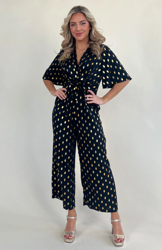 Girl In Mind Freya Black And Gold Foil Wrap Detail Culotte Jumpsuit-8/36-Fi&Co Boutique